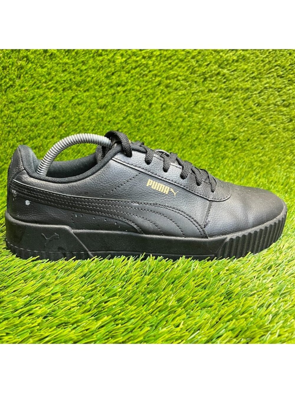 Puma Carina Leather Womens Size 11 Black Gold Athletic Walking Shoes Sneakers